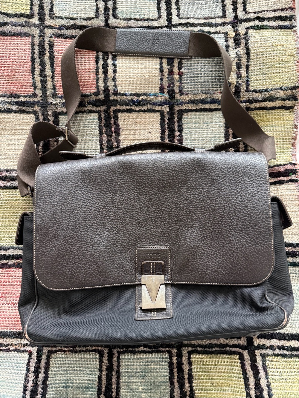 Tod's Dark Brown Leather & Black Fabric Messenger Bag